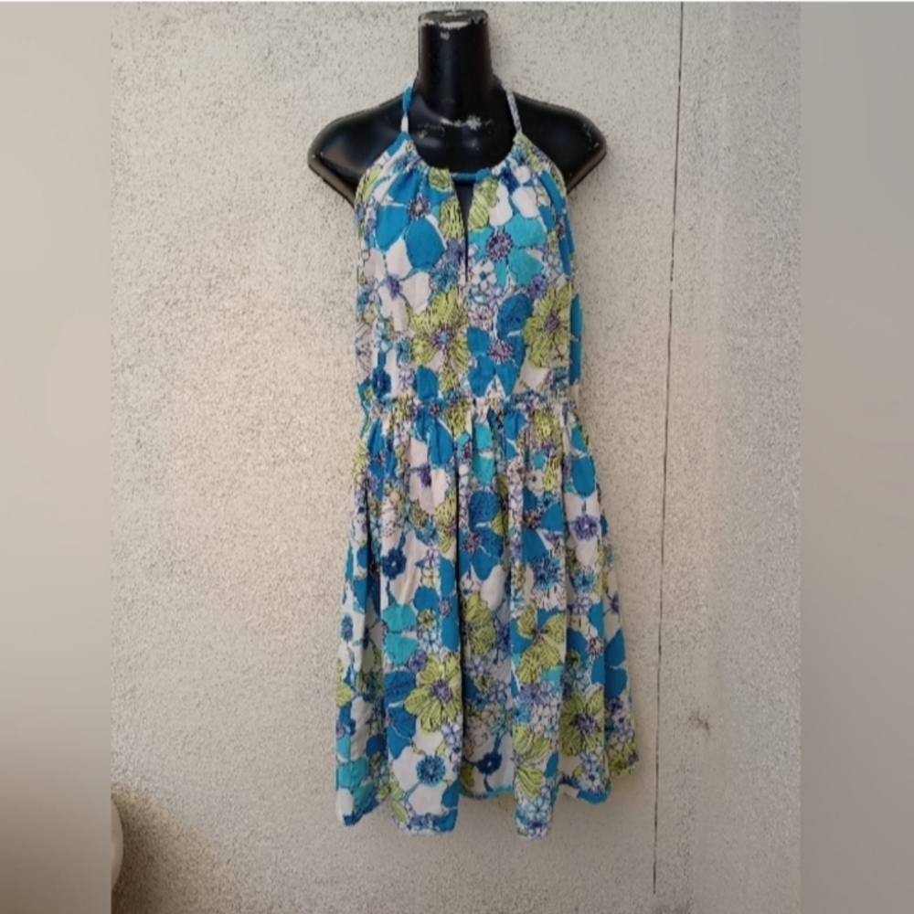 Bettie Page Blue and Green Floral Midi Dress Summer Casual Party Retro 50's XL